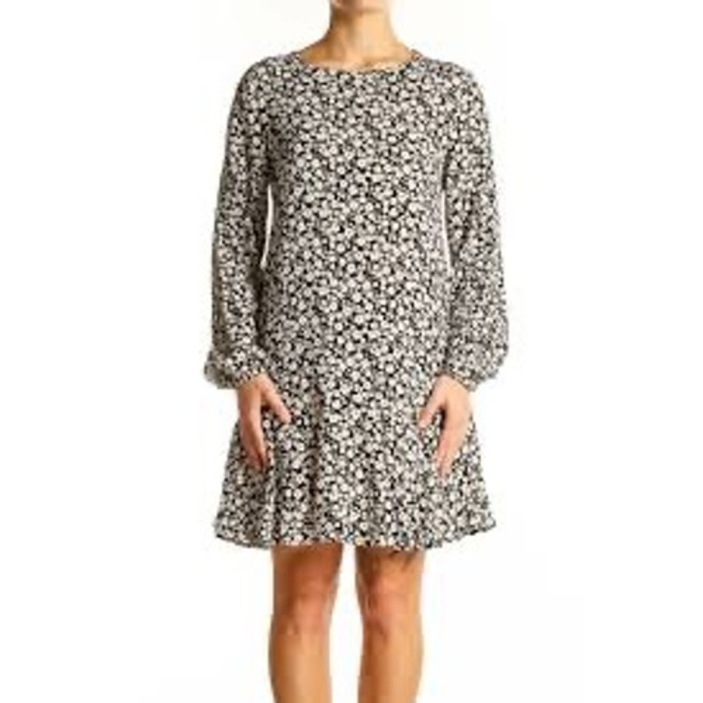 NWT GAP Floral Mini Dress XL Black White Long Sleeve Ruffle Hem Crew Neck NEW